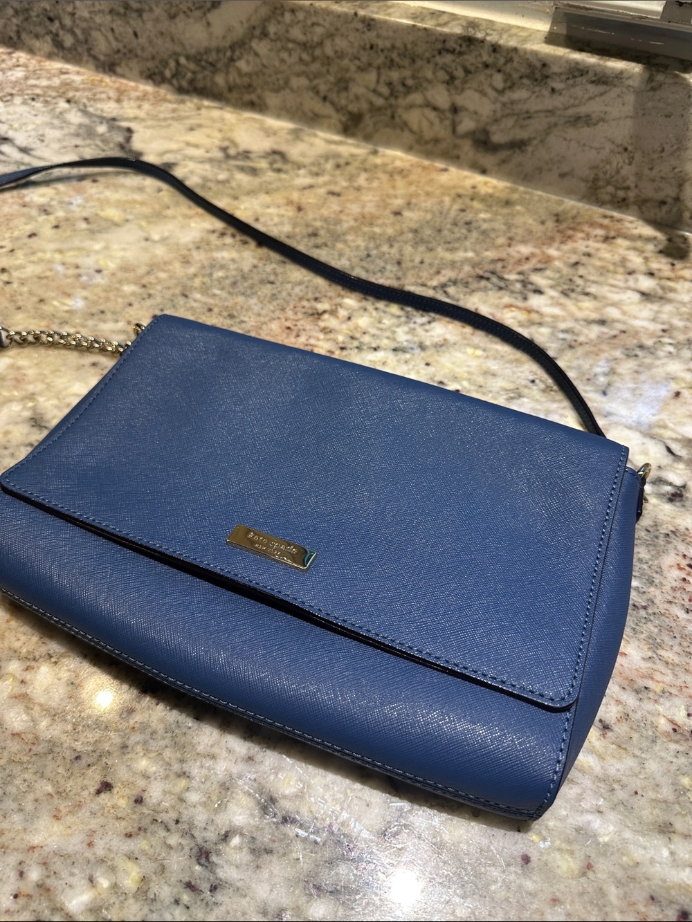 kate spade Blue Saffiano Leather Crossbody with Gold-Tone Chain Accent